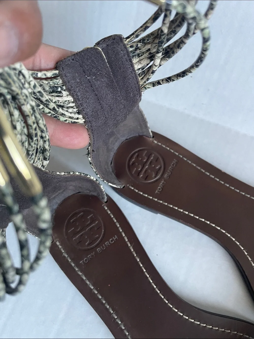 Tory Burch Gold and Snake-Print Ankle Wrap Ladies Sandals Size 9.5